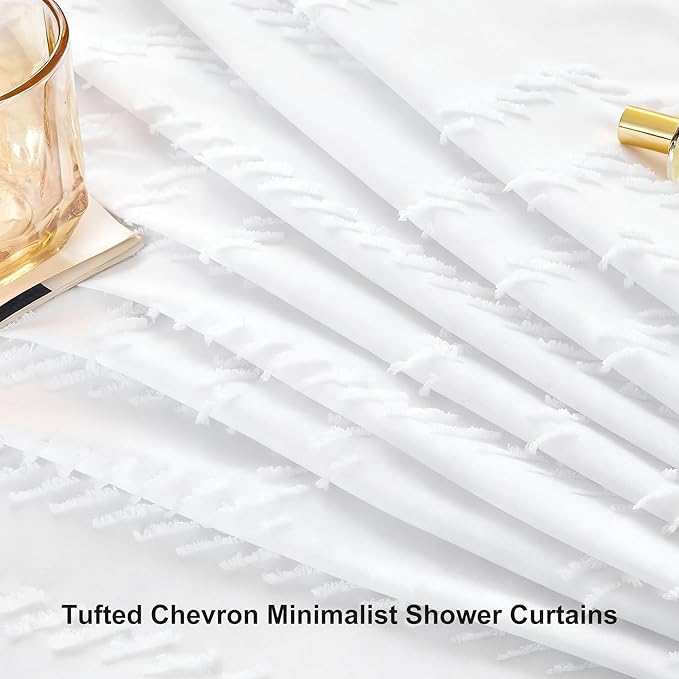 Boho Shower Curtain White Tassel Woven Fabric Short Shower Curtain 72 x 66 Modern Farmhouse Textured Tufted Chevron Striped Minimalist Bathroom Shower Curtains