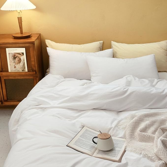 FOSSA White Duvet Cover Set, 100% Washed Cotton Linen Feel Super Soft Breathable Cozy 3 Pieces Bedding Sets Solid Off White Twin