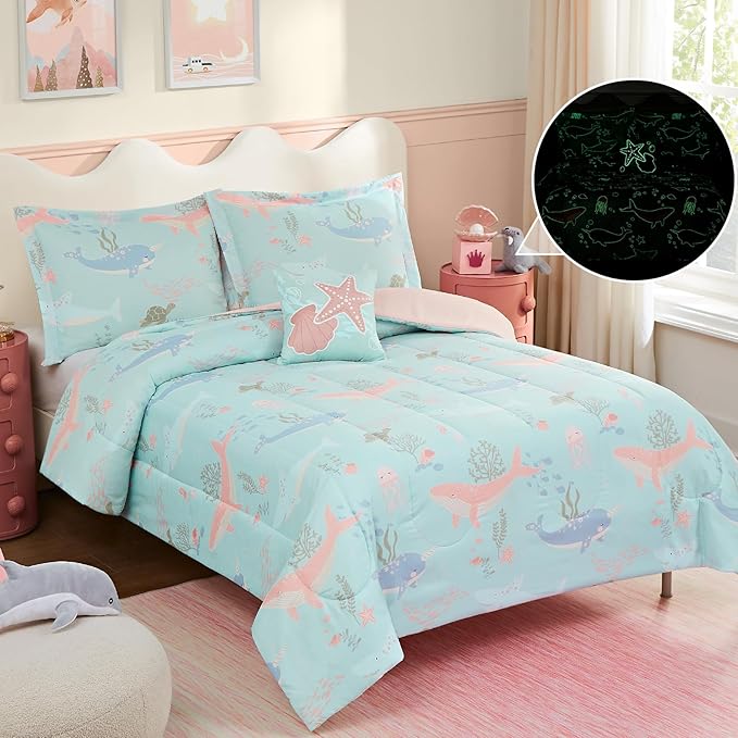 Full Size Comforter Set for Girls-4 Pieces Ocean Animals Glow in The Dark Full Bedding Sets for Kids, 1 Comforter, 2 Shams and 1 Decor Pillow