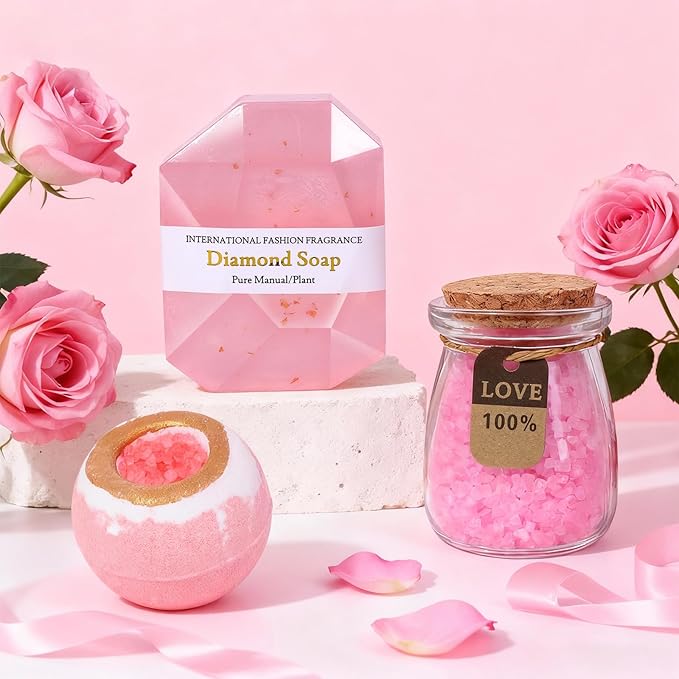 Spa Gift Basket with Bath Essentials- Pink Rose Relaxation Kit Set, Spa Items Box for Christmas Birthday Thanksgiving Holiday Women, Wife, Mom, Sister, Girlfriend