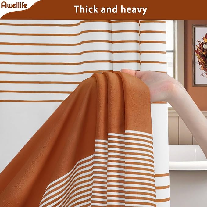 Awellife Boho Orange Shower Curtain for Bathroom Farmhouse Cotton Stripe Tassel Shower Curtain Natural Texture 72" L x 84" W