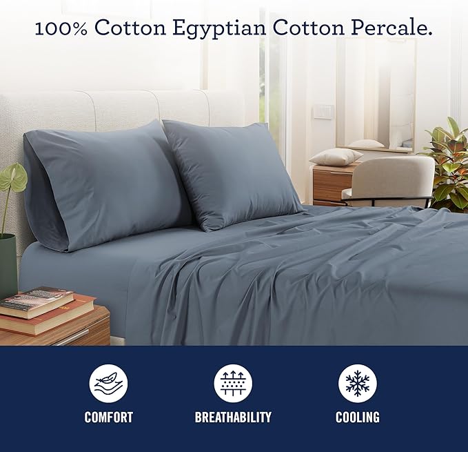 IZOD 100% Egyptian Cotton Sheets Set Queen Size, Cotton Percale Crisp Sheet Set 4Pc, Lightweight & Deep Pocket fits Upto 17", Long-Staple Soft Combed, Hotel Style Luxury Bedding Sheet - Blue Slate