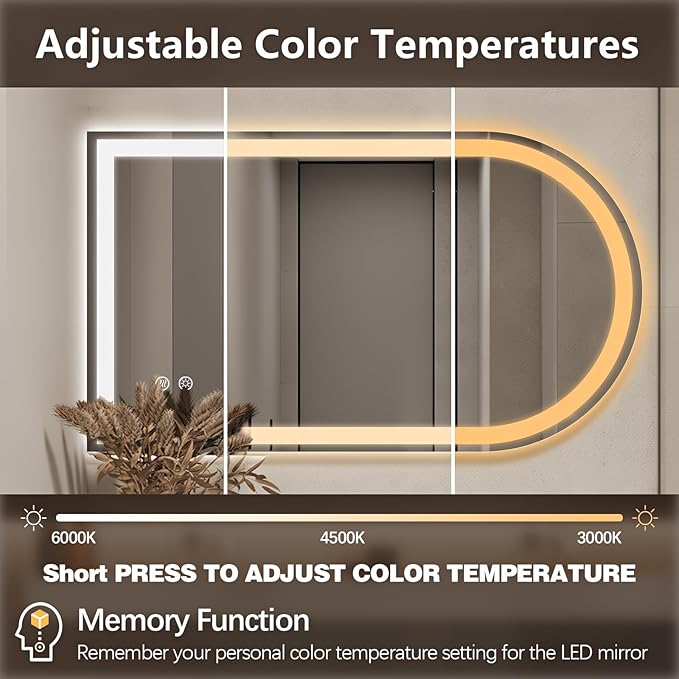 Niccy Arched LED Bathroom Mirror, 40x24 Arch Wall Mounted Frameless Bathroom Mirror for Vanity, Smart Lighted Frontlit Mirrors with Memory Function for Bathroom Bedroom Beauty Hair Salon