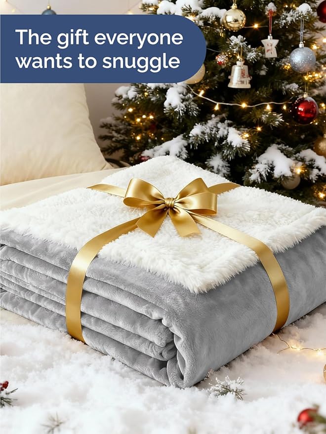 Sherpa Fleece Blanket Queen Size - Reversible Sherpa Fleece Queen Blanket - Super Soft Double Sided for Bed, Sofa, Couch - Thick, Warm, Fuzzy & Plush - Luxurious Bedding for Winter - Grey, 90" x 90"
