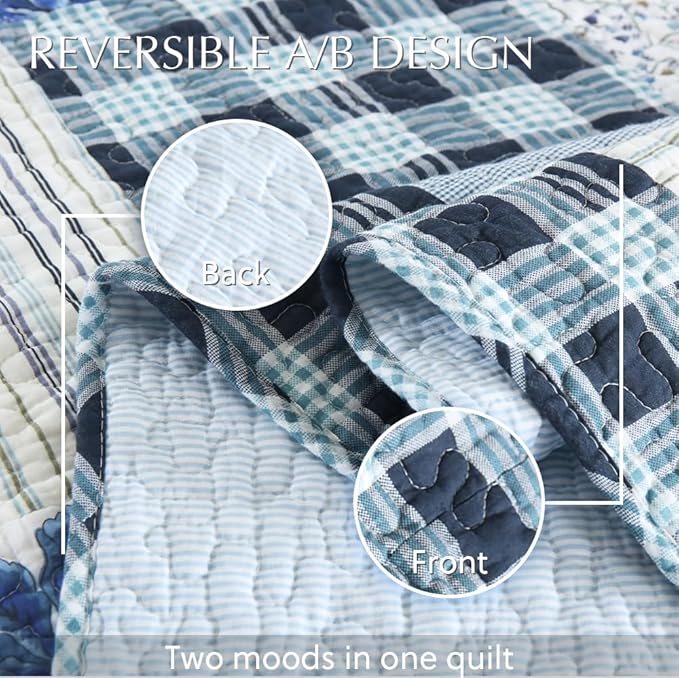 Cotton Bedspread Quilt Bedding Sets 3 Pieces Reversible Coverlet Sets Comforters Rustic Floral Patchwork Blue White Bedspread, Queen Size