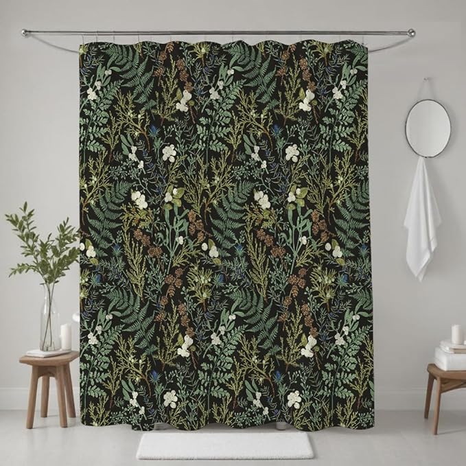 Black Green Vintage Shower Curtain NatureFloral Herbs and Botanical Plants Maximalist Bathroom Decor Dark Cottagecore Shower Curtain Sets 72Wx72H Waterproof Polyester