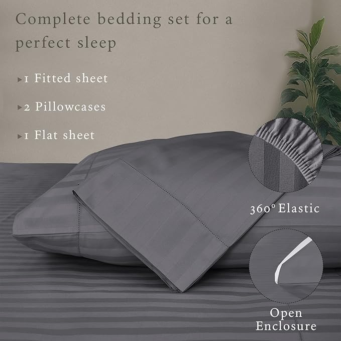 Threadmill 500 Thread Count Full-Size Damask Stripe, 4 Pc Luxury Cotton Bedding Set, Silky Smooth Dark Grey Sheets with 16" Elasticized Deep Pocket, 2 Pillowcases & Free Tote Bag