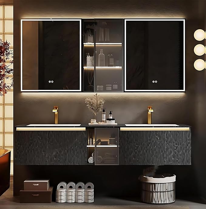 52" Double Bathroom Sink Vanity, Modern Bathroom Vanity Includes LED Smart Defogging Mirror Cabinet & Semi-Open Storage & Ceramic Basin, Floating Bathroom Cabinet with Sensor Light (Charcoal Grey)
