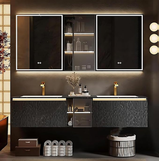 100" Double Bathroom Sink Vanity, Modern Bathroom Vanity Includes LED Smart Defogging Mirror Cabinet & Semi-Open Storage & Ceramic Basin, Floating Bathroom Cabinet with Sensor Light (Charcoal Grey)