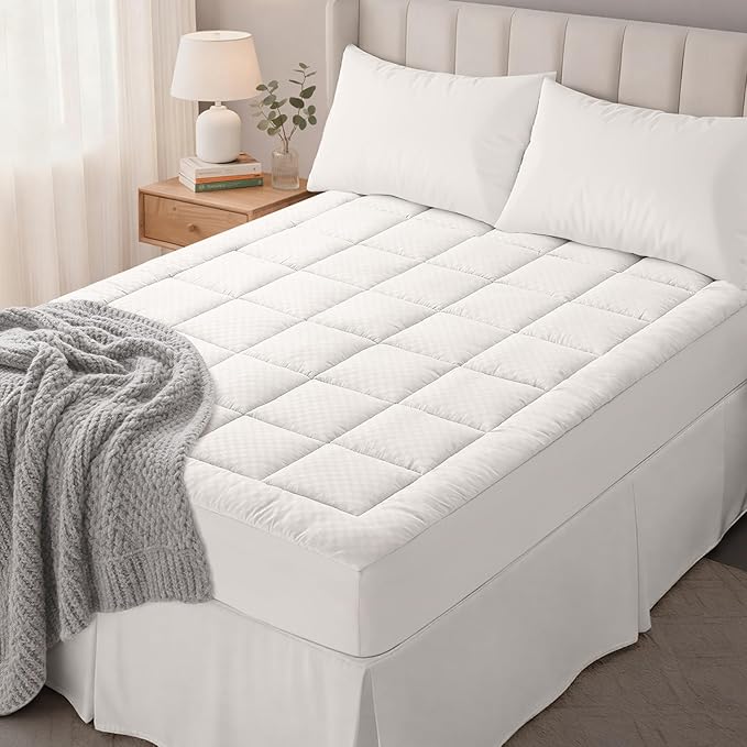 OLANLY Twin XL Quilted Fitted Mattress Pad – Soft Down Alternative Pillow Top Mattress Topper, Cooling Comfort Breathable Mattress Cover, Machine Washable Deep Pocket Mattress Protector, Off White