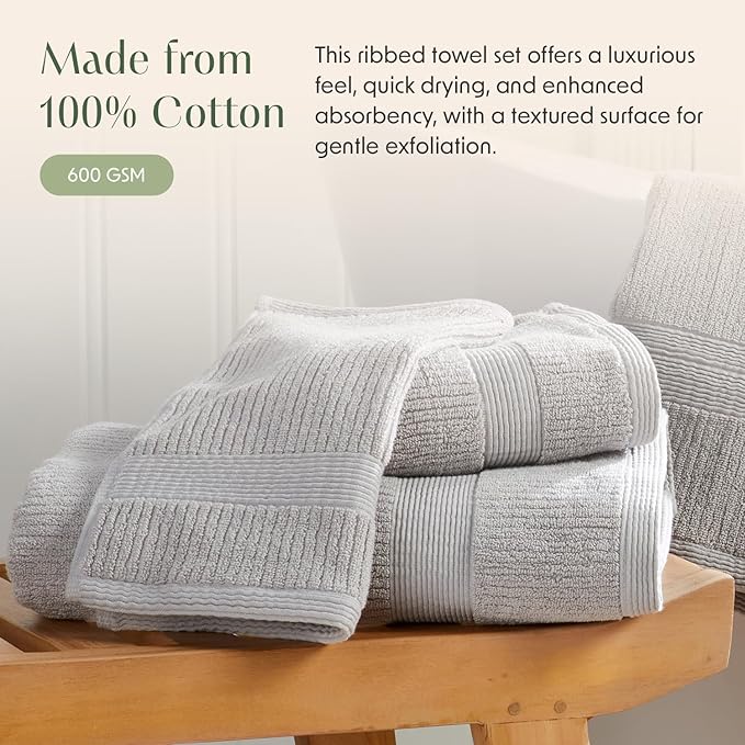 Springtree Home Grey Bath Towels Set of 6 | Ribbed Textured | 100% Combed Cotton | Absorbent Quick-Dry Gray Towels for Bathroom | Oeko-TEX® Standard 100 Cotton | Mauro Collection - High Rise Grey