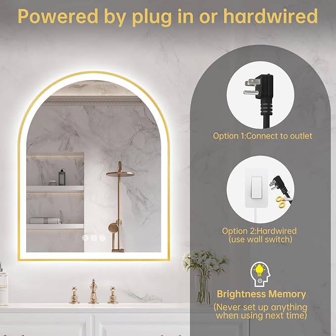 Arched LED Mirror for Bathroom 24"x30", Brushed Gold Lighted Bathroom Mirror with Lights, Fogless, Dimmable, Shatterproof, Touch Sensor, 3 Color Changing