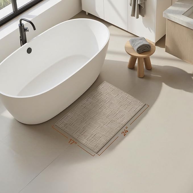 AMOAMI Bath Mat Non Slip Super Absorbent Quick Dry Bath Mats for Bathroom Floor Rubber Backing Washable Bathroom Rugs Modern Woven Jacquard Mat, Beside Tub Bath Rugs, 17" x 24", Brown