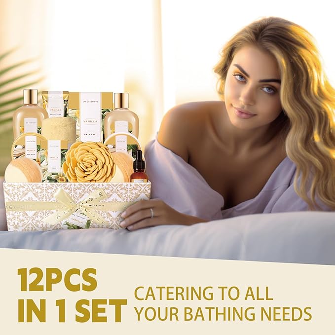 Spa Gift Baskets for Women, Spa Luxetique Spa Gifts for Women, Birthday Gifts Spa Kit, 12pc Vanilla Bath Set, Womens Self Care Gifts,Christmas Gifts