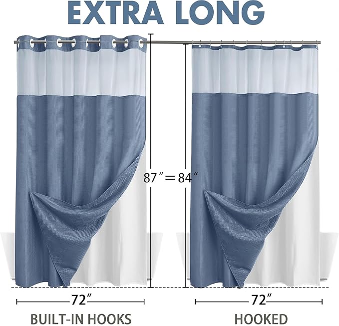 YellyHommy No Hook Shower Curtain with Snap in Liner Set Less Waffle Shower Curtain for Bathroom (Sky Blue, 87" L x 72" W)