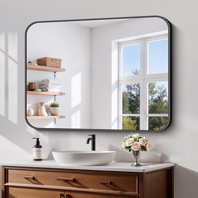 Koonmi Black Framed Bathroom Mirror - 30x40 Inch Shatterproof Tempered Glass Vanity Mirror for Bathroom Sink, Wall Mounted with Matte Aluminum Alloy Frame, No Distortion, Modern Decor