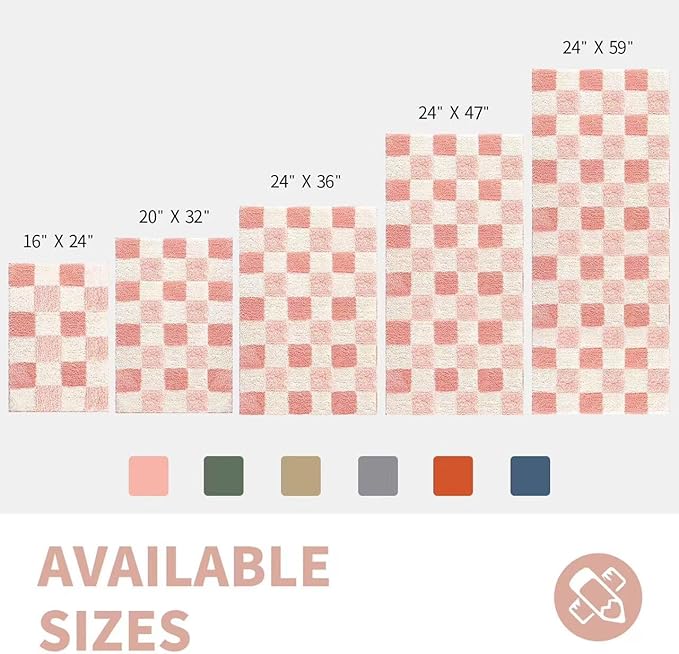 CozeCube Bath mats for Bathroom Non Slip, Fluffy Absorbent Microfiber Bath mat Washable, Aesthetic Bathroom Rugs, Large Blossom Pink Checkered Bath mat, Blossom Pink, 36" x 24"
