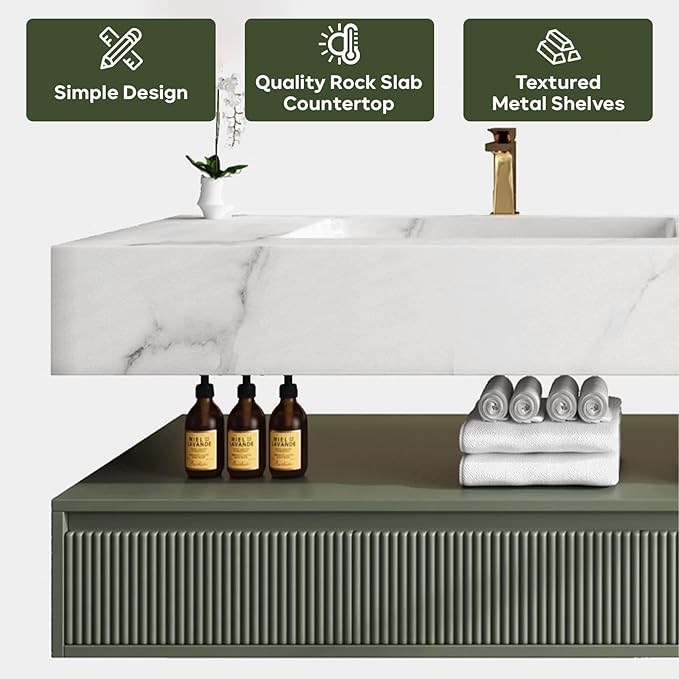 Floating Vanity for Bathroom, 40" Green Bathroom Vanity Set with LED Defog Mirror and Side Medicine Cabinet, Wall Mount Bathroom Storage Cabinet with Glass Door, Single Sink Bath Vanities - Green