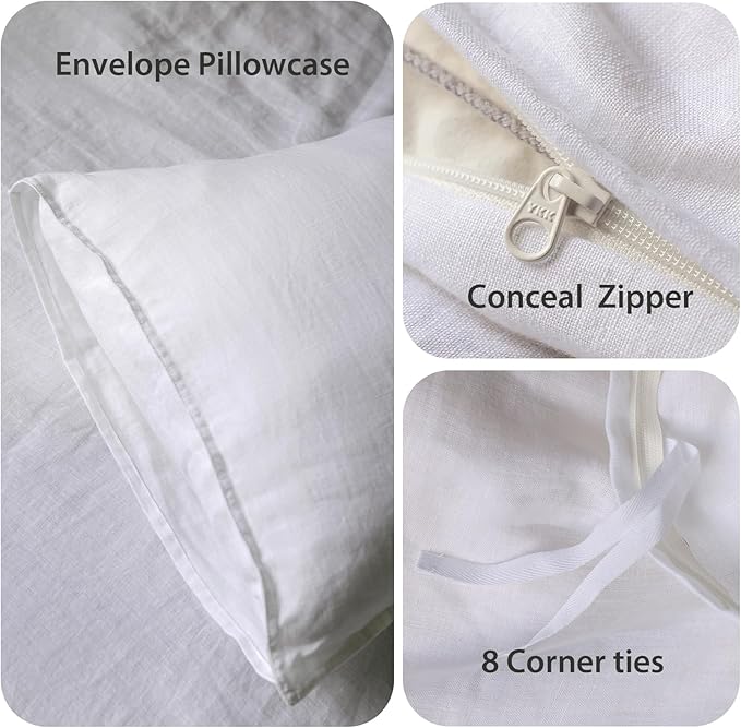 XZ XIFA White Linen Duvet Cover Twin, 100% Washed French Flax Linen Bedding Set with Zipper Closure, Cooling & Textured Bed Sets for Hot Sleepers(1 Duvet Cover, 1 Pillowcases)