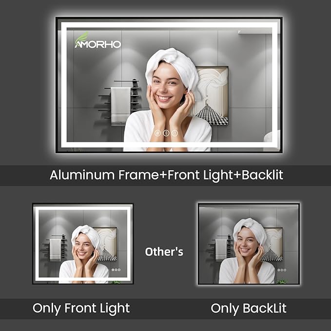 Amorho 24"x 32" LED Bathroom Mirror with Black Frame, Front Light and Backlit, Stepless Dimmable, Anti-Fog, Shatter-Proof, Memory, 3 Colors, Double LED Vanity Mirror