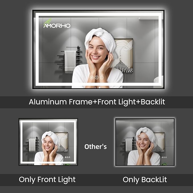 Amorho 84"X32" LED Bathroom Mirror Framed, Front Light and Backlit, Stepless Dimmable, Anti-Fog, Shatter-Proof, Memory, 3 Colors, Double LED Vanity Mirror
