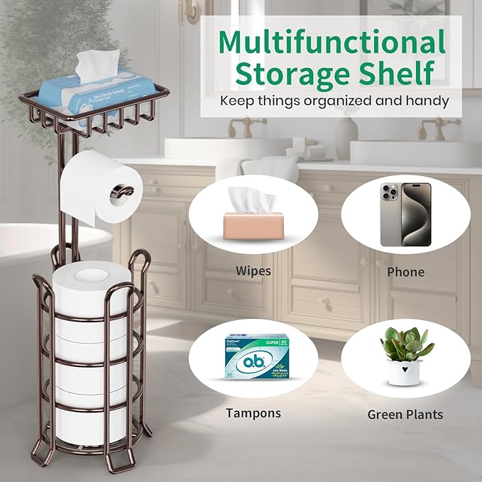 TomCare Toilet Paper Holder Upgraded Toilet Paper Stand with 4 Raised Feet Metal Free Standing Tissue Paper Roll Dispenser with Storage Shelf Sturdy Bathroom Accessories (Bronze)