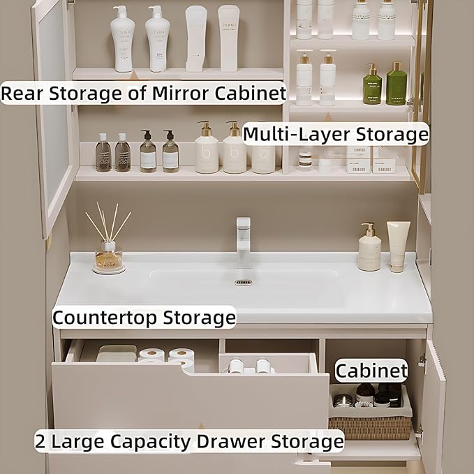 Cream Grey Sophisticated Bathroom Vanity - Bathroom Vanity with Smart Storage & Mirror Cabinet, Defogging, LED Light | Wall-Mounted Bathroom Storage Cabinet & Bathroom Vanity with Sink (Grey, 36IN)