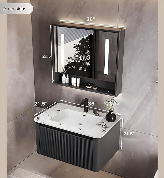 Bathroom Vanity Cabinet, 36" Bathroom Vanity with Sink & Intelligent Defog LED Mirror, Solid Wood Float Vanities, Wall-Mount Bathroom Cabinet with Drawer, Undermount Single Sink, Faucet, Drain(Black)