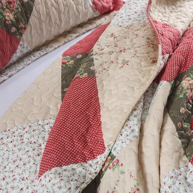 ENASAL Cotton Bedspread Quilt Bedding Sets Reversible Coverlet Sets Comforters Rose Floral Purple White Patchwork Pattern Bedspread for All Season, Queen Size