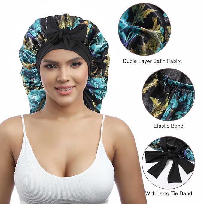 AWAYTR Long Satin Bonnet for Women - Double Layer Elastic Silk Bonnet for Braids Hair Sleeping Cap with Tie Band (Print+Black)