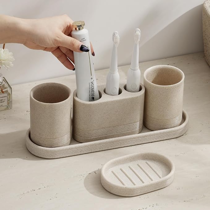 Bathroom Accessories Set, 4 pcs Toothbrush Holders Set Included 3 Slots Electric Toothbrush and Toothpaste Holder Stand, 2 Tumblers & Tray for Bathroom Countertop Sink Modern Decor (Beige)