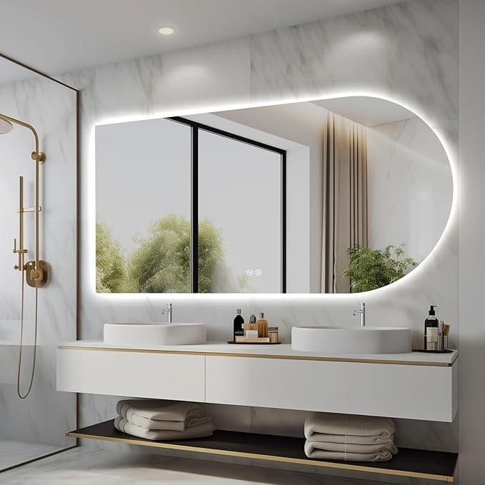 Arched LED Bathroom Mirror, 55"x28" Arch Framless Backlit Mirror with Lights Vanity Mirror for Makeup, Anti-Fog, Dimmable, 3-Color, Memory Function, IP65 Waterproof, UL Listed, Horizontal-Left