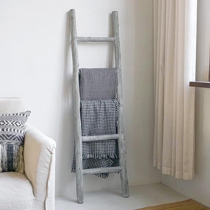 FUIN Fully Assembled 57in Wood Blanket Ladder Living Room Decorative Wall Leaning Farmhouse Quilt Display Holder Rustic Wooden Towel Rack for Bathroom, Light Gray & Whitewashed