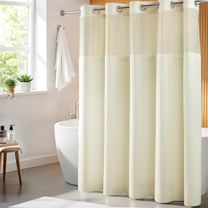 River Dream Cream Fabric Shower Curtain Set, Cotton Blend, Waffle Weave, with Snap in Replacement Liner，71 x 74 inches