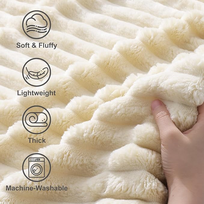 decorUhome Christmas Soft Fleece Beige Throw Blanket for Couch, Cozy Fluffy Plush Flannel Striped Blanket for Sofa Bed, Lightweight Decorative Ribbed Fuzzy Blanket for Woman, 50x60 Inches