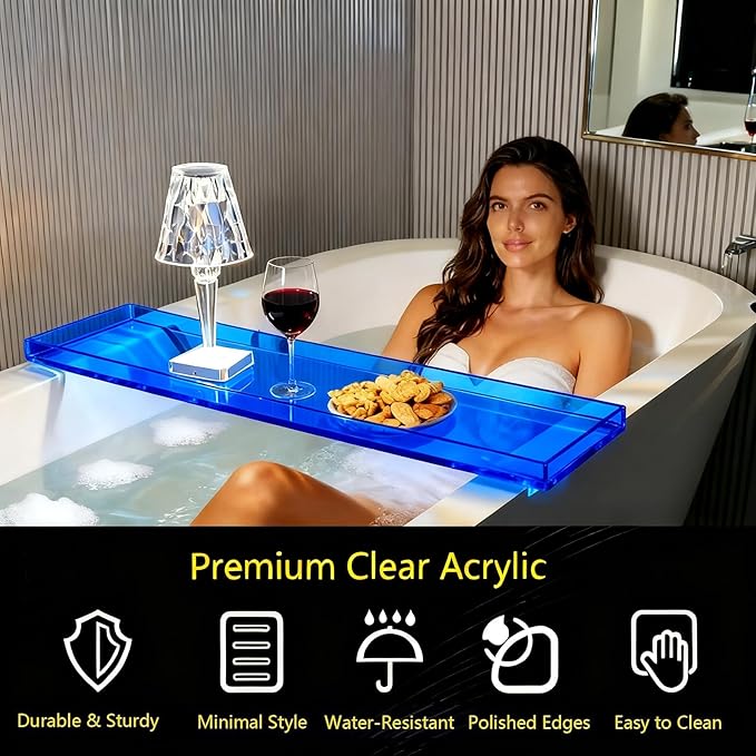 Bathtub Tray Table, Clear Acrylic, Anti-Slip Bath Caddy, L32.3″ * W7.87″ * H1.18″ (Blue, L29.9 x W7.87 x H1.18)