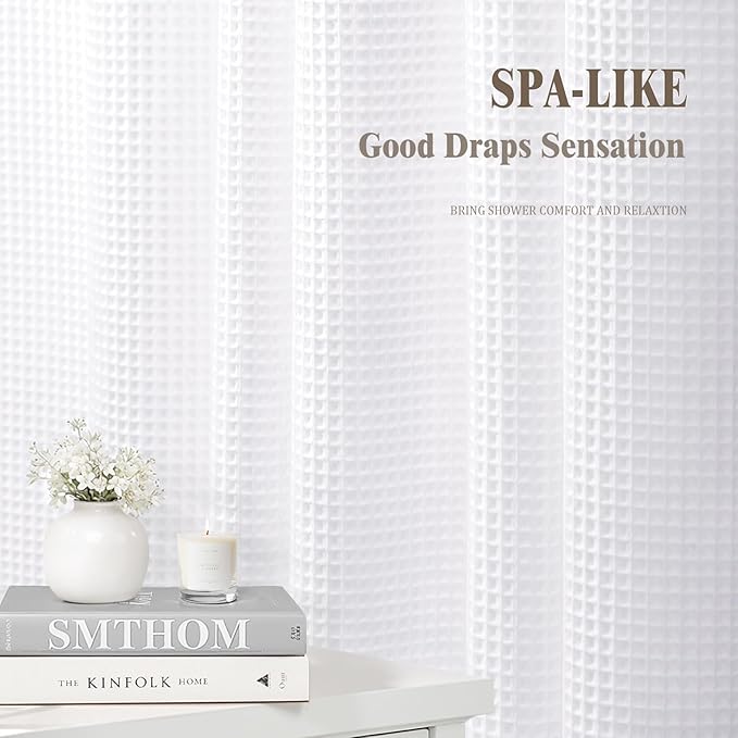 Waffle Weave Shower Curtain - White Cotton Fabric Texture Heavyweight Shower Curtain for Bathroom,Washable,72Wx72L