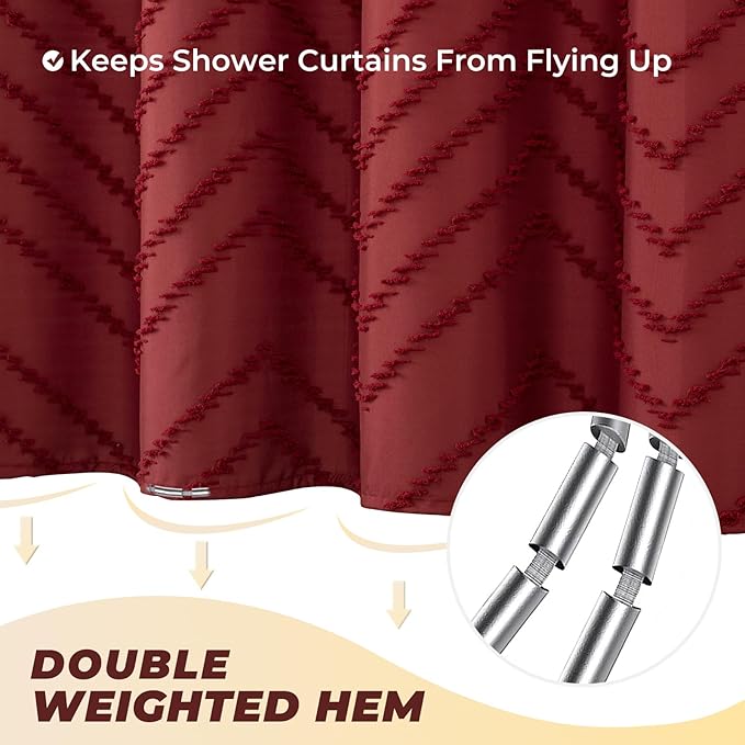 84inches Extra Long Burgundy Shower Curtain Boho Farmhouse Shower Curtain 72 x 84 Tufted Chevron Textured Minimalist Shower Curtains for Bathroom