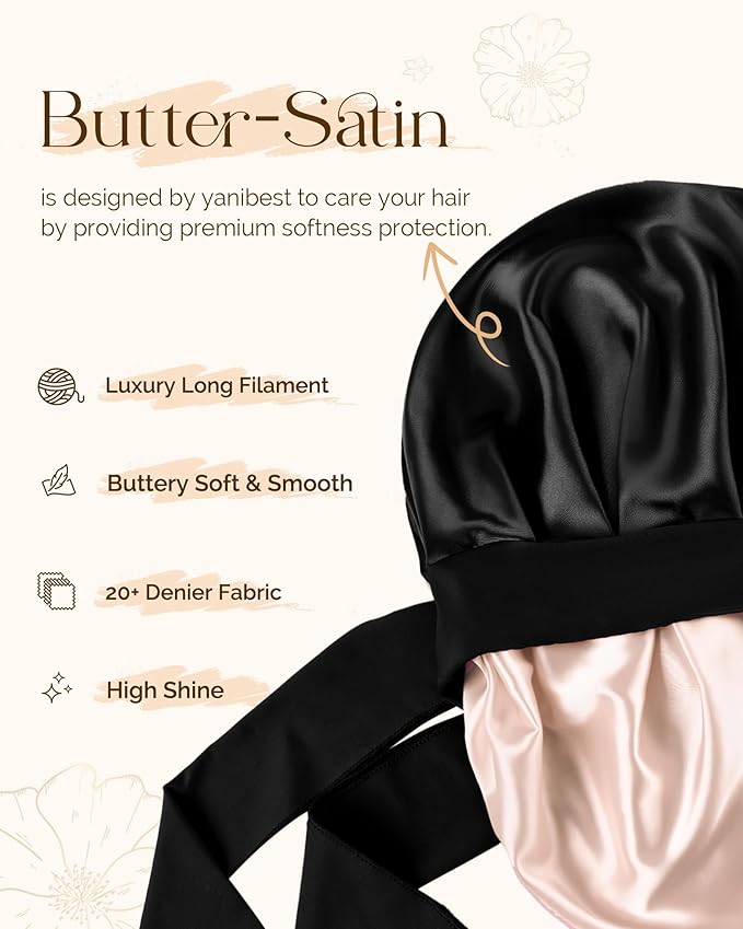YANIBEST Silk Hair Bonnet for Sleeping, Double Layer Hair Bonnet with Elastic Tie Band for Curly Natural Hair Reduce frizz
