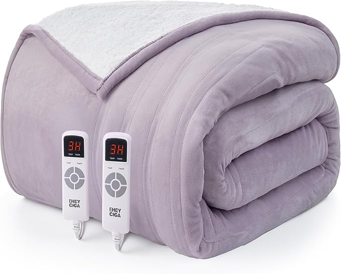 EHEYCIGA Heated Blanket Electric Blanket King Size - Heating Blanket with 9 Heating Levels & 10 Hours Auto Off, Soft Cozy Sherpa Washable Dual Control Blanket with Fast Heating, 90 x 100 Inches