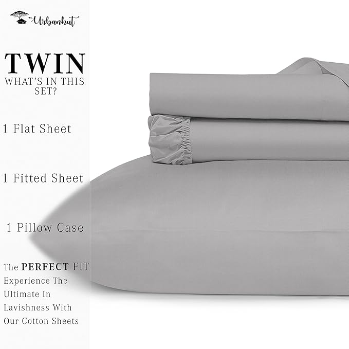 URBANHUT 100% Egyptian Cotton Sheets - 1000 Thread Count Twin Silver Grey Sheet Set (3Pc), Long Staple Cotton Sheets, All Season Sateen Weave, Luxury Hotel Twin Bedsheets,16" Deep Pocket