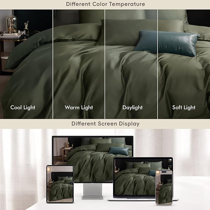 MooMee Duvet Cover Set 100% Extra Long Staple Cotton 600 Thread Count Silky Sateen Smooth Luxury Soft Breathable Durable Hotel Quality Bedding, 3 Pieces (Olive Green, Queen 90"x90")
