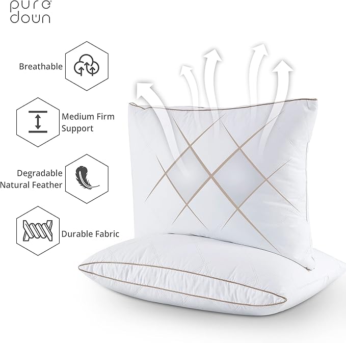 puredown® Natural Goose Down Feather Pillows for Sleeping Oval Gusseted Feather Down Pillow 100% Cotton Pillow Cover with Leaf Quilting Standard Set of 2