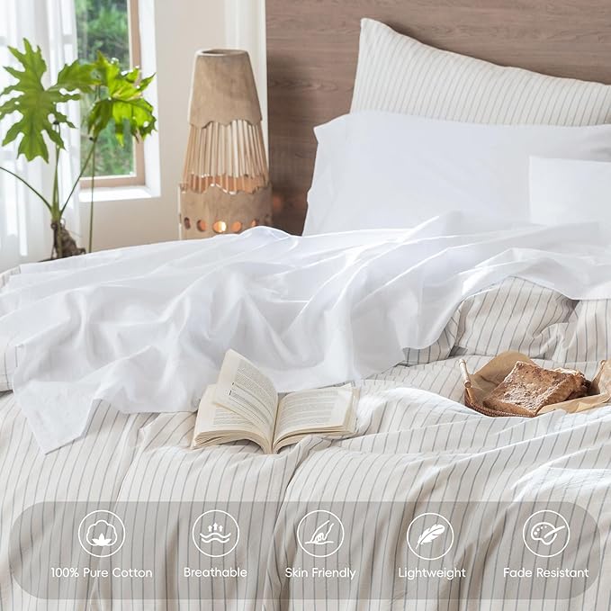 MooMee Bedding Sheet Set 100% Washed Cotton Linen Like Textured Breathable Durable Soft Comfy (Solid Bright White, Twin XL)