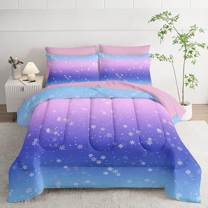 7 Piece Bed in a Bag Twin Size Comforter, Blue Purple Snowflake Quilt Set, Soft Pink Sheets, All Season Bedding Set, Microfiber