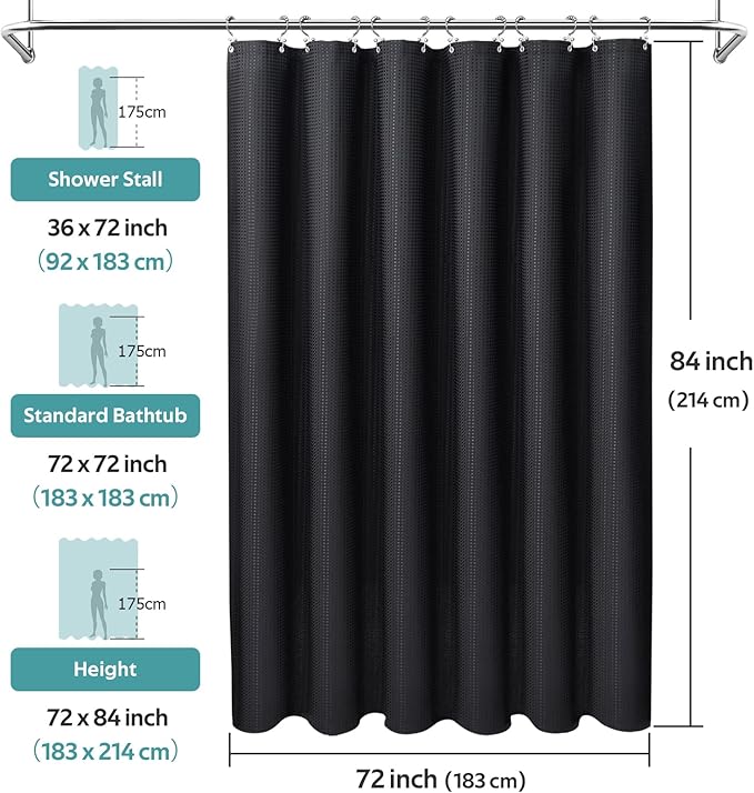 3 in 1 Shower Curtain Set, Waffle Shower Curtain and Liner Set with 12 Double Sided Shower Curtain Hooks, 258GSM Luxury Weighted Cloth Shower Curtains for Bathroom, 72 W x 84 H, Black