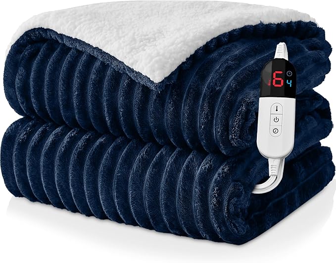 Electric Heated Blanket Twin Size - 62"x84" Fast Heating Bed Blankets with 6 Heating Levels & 10 Hours Auto Off, Soft Ribbed Flannel Sherpa, Over-Heated Protection ETL, Navy Blue