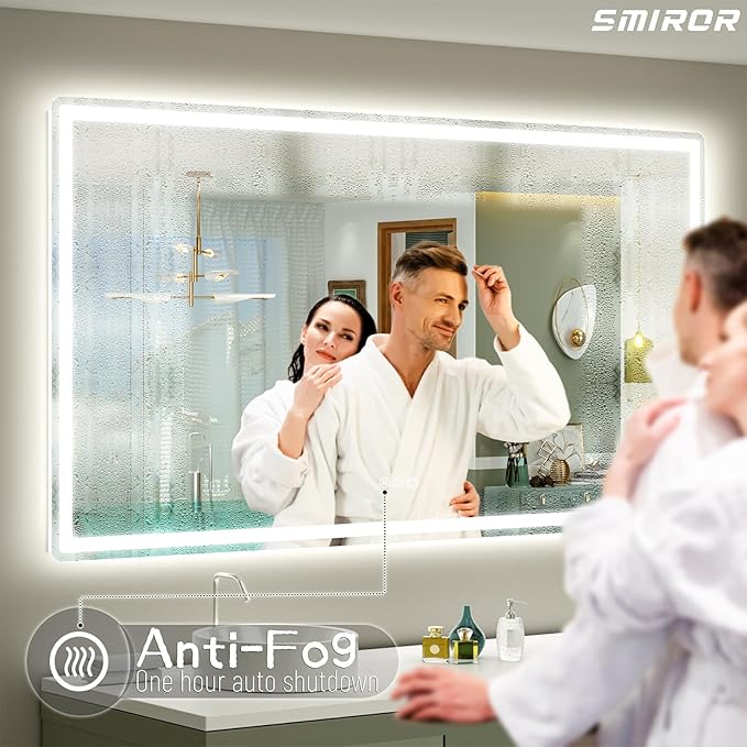 SMIROR LED Bathroom Mirror with Lights 66"x 36", Rounded Rectangle Lighted Vanity Mirror for Wall, Front Lit and Backlit, 3 Colors, Dimmable, Anti-Fog, Tempered Glass (Horizontally/Vertically)