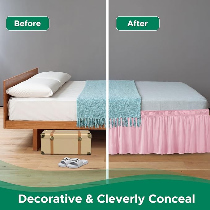 Biscaynebay Wrap Around Bed Skirts for King & Cal King Beds 15" Drop, Pink Adjustable Elastic Dust Ruffles Easy Fit Wrinkle & Fade Resistant Silky Luxurious Fabric Machine Washable
