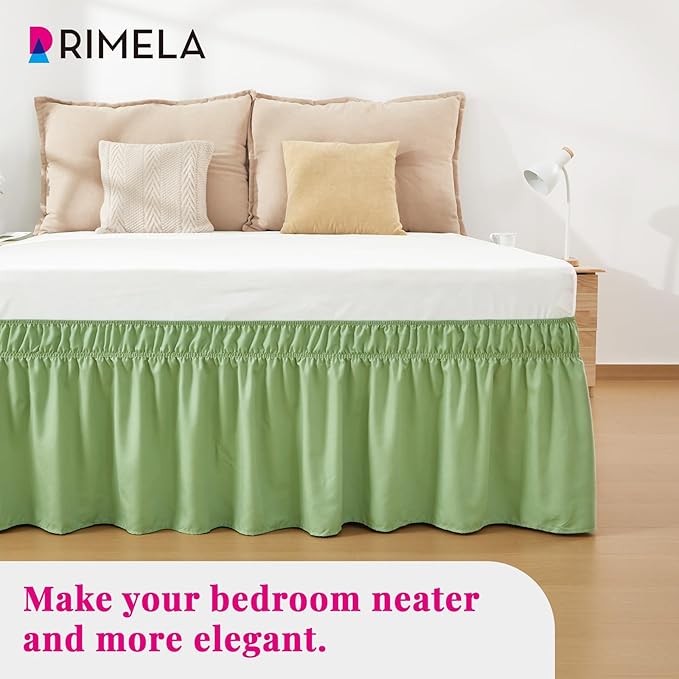 RIMELA Light Green Bed Skirt Queen Size 15 Inch Drop, Elastic Bed Skirting for Adjustable Bed Base and Frame, Bedding Dust Ruffle Easy to Install, Wrap Around Bedskirt